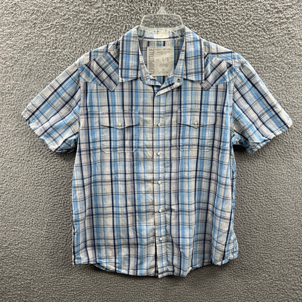 Aeropostale Mens Plaid Western Shirt L Blue Pearl Snap Cotton Casual Americana